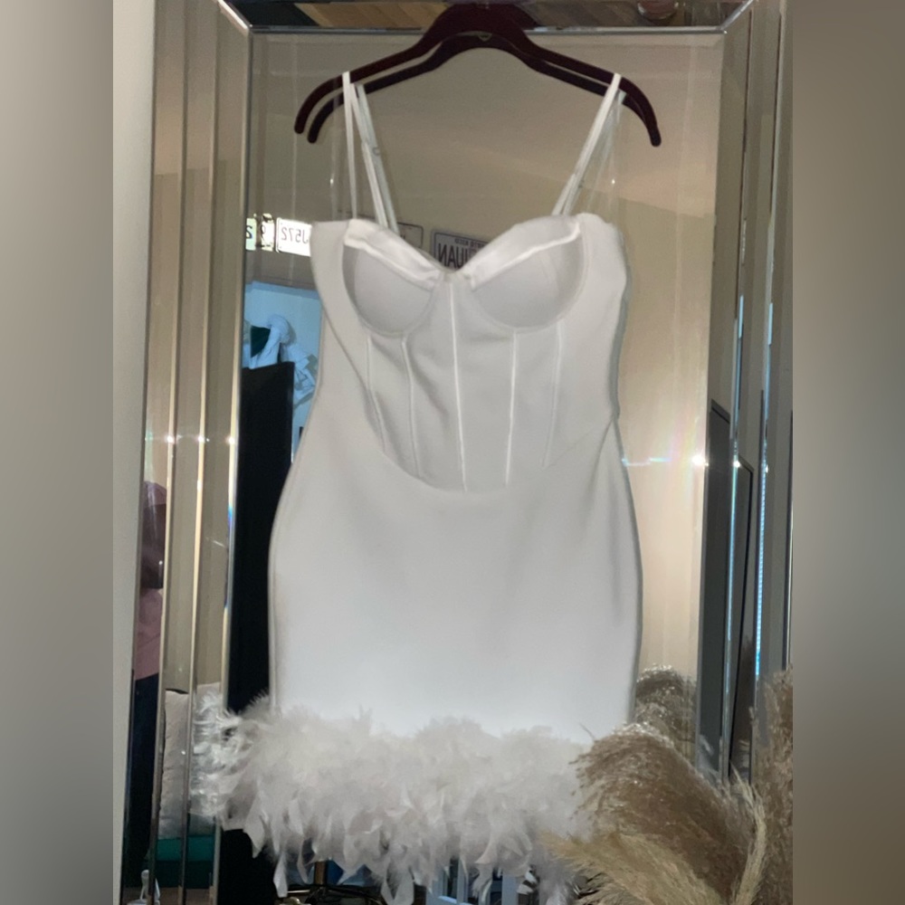Fashion Nova White feather dress perfect for a bride’s bachelorette